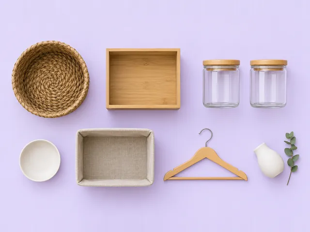 Storage in wood, linen, glass and clay, laid out.