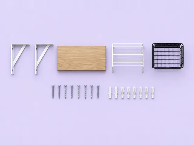 Shelf hardware and small shelving pieces, laid out.