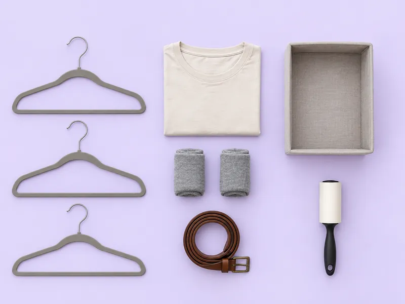 The small things of one bedroom closet, laid out.