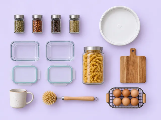 The small things of one kitchen pantry and counter, laid out.