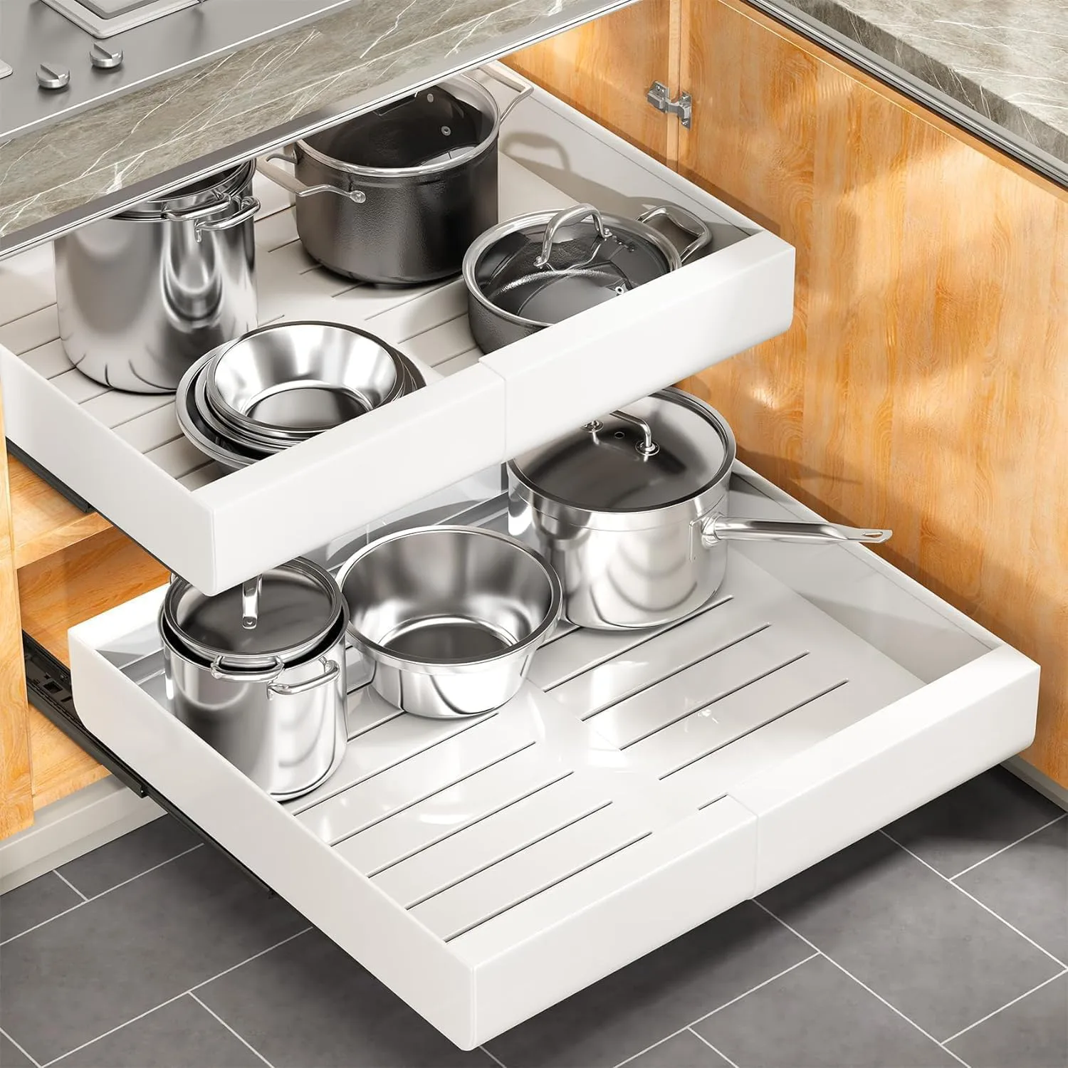 Adhesive pull-out cabinet organizer for deep lower kitchen cabinets