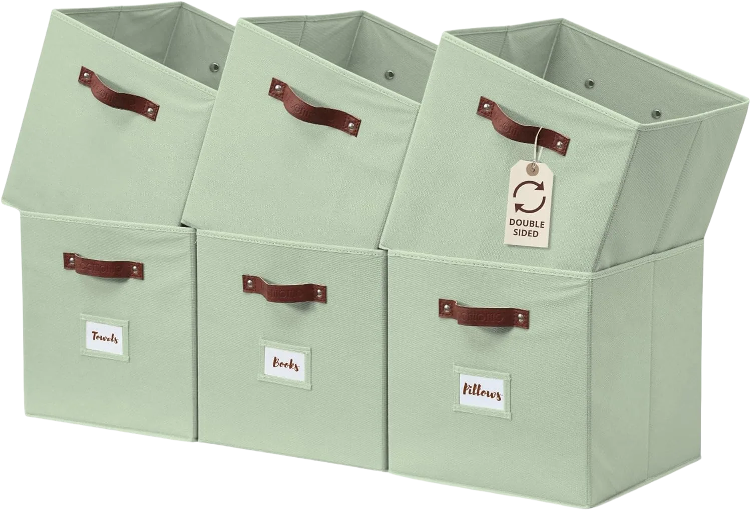 Reinforced fabric storage bins with label windows, set of 6