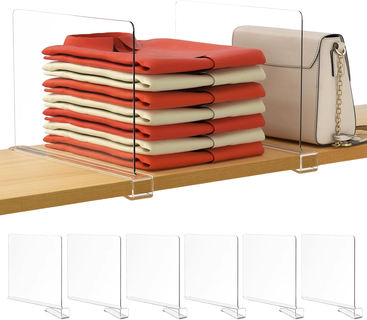 HBlife Acrylic Shelf Dividers sectioning folded clothes on a solid closet shelf