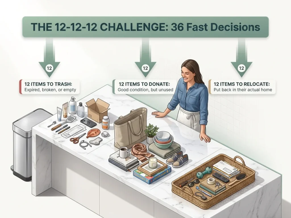 8 Decluttering Methods That Work Past the First Week 6 Infographic showing the 12-12-12 decluttering challenge with items sorted into trash, donate, and relocate groups