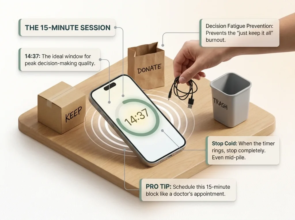 Infographic showing 15-minute decluttering session system with labeled timer, sorting bins, and decision focus