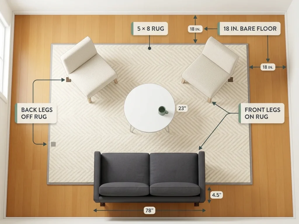 Small living room seating area with 5×8 neutral rug, front legs of sofa and chairs on rug edge, 18-inch bare floor gap to walls visible