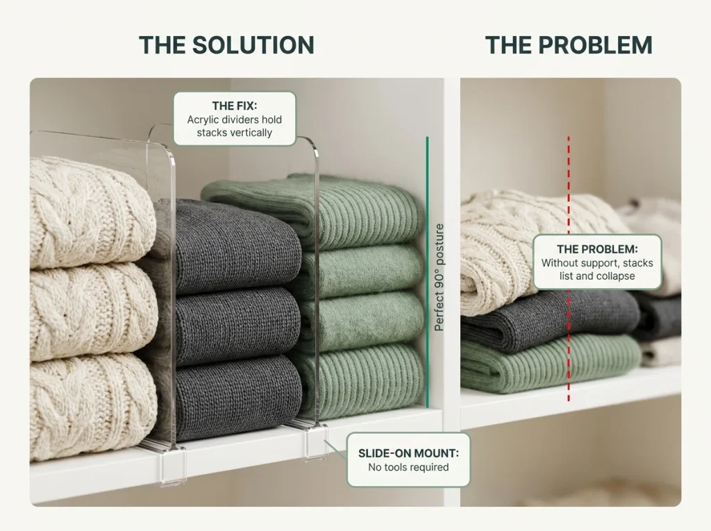 Why Budget Closet Makeovers Always Revert 7 Infographic comparing neat stacked sweaters using clear acrylic dividers versus a collapsed mixed pile without dividers