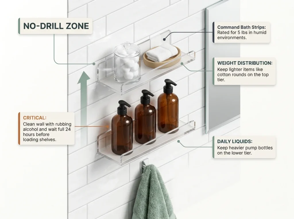Infographic showing no-drill adhesive floating shelves organized with amber bottles and daily bathroom essentials