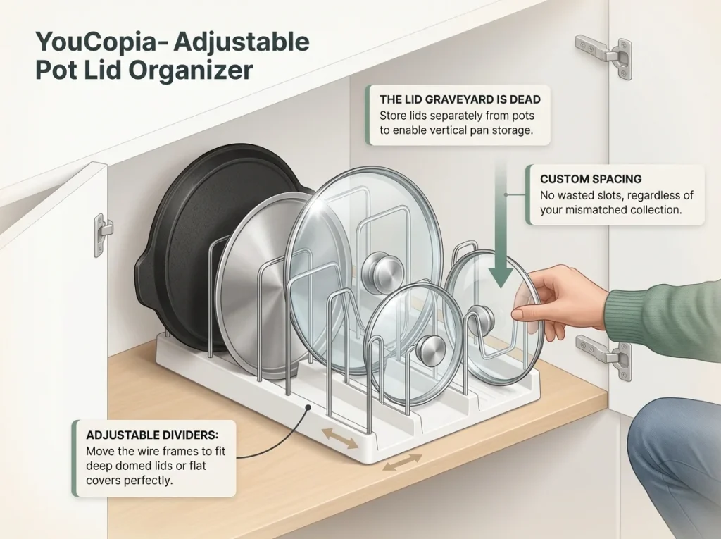 Infographic showing an adjustable wire lid organizer in a cabinet, preventing cluttered stacks of mismatched lids