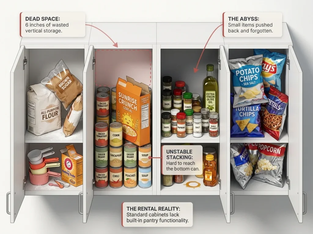 Infographic showing a cluttered apartment kitchen with open cabinets, highlighting wasted space and disorganized items