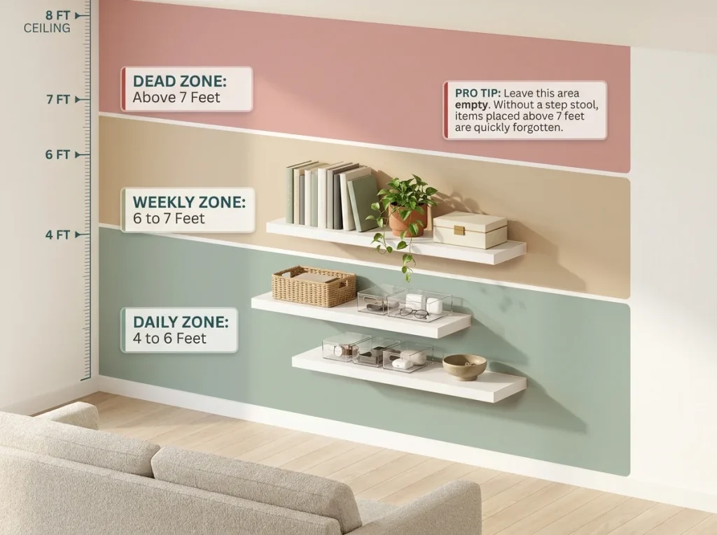 Infographic showing three apartment wall storage zones with height measurements, frequency labels, and optimal item placement