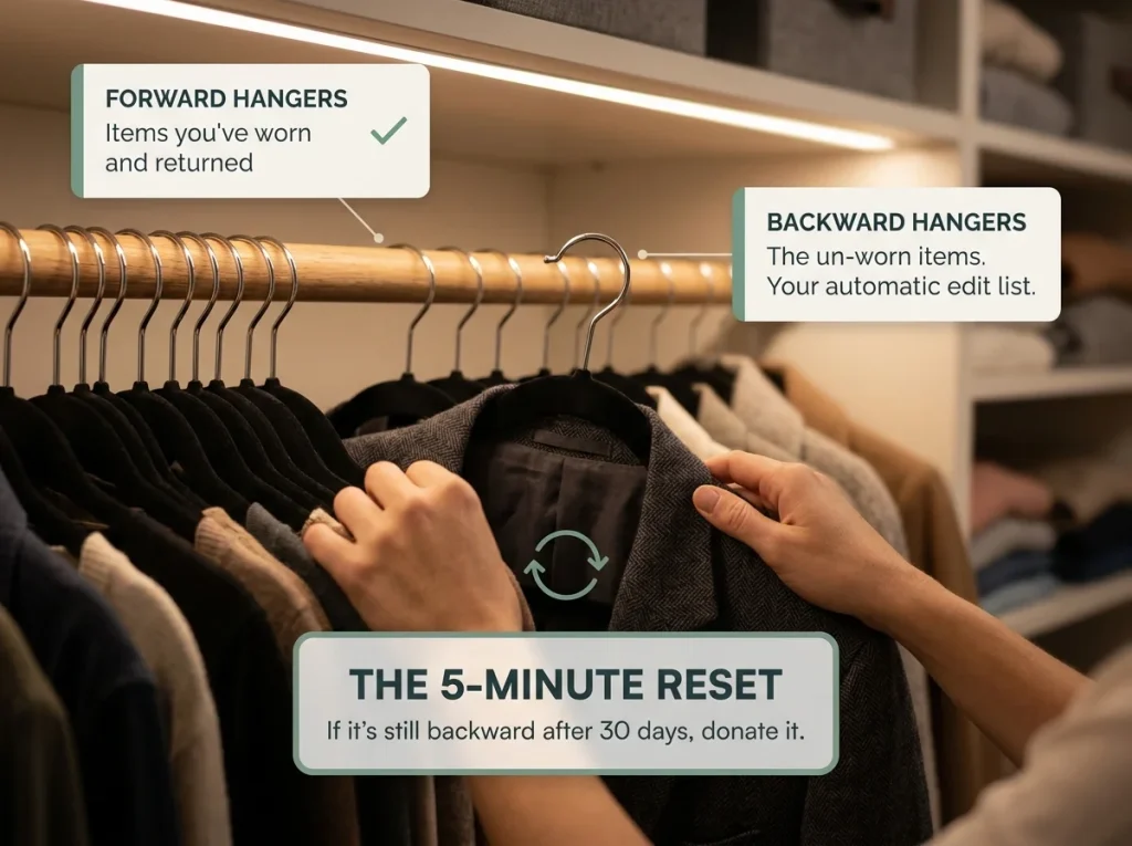 Why Budget Closet Makeovers Always Revert 11 Infographic showing the 30-day backward hanger test with hands reviewing garments that haven't been worn
