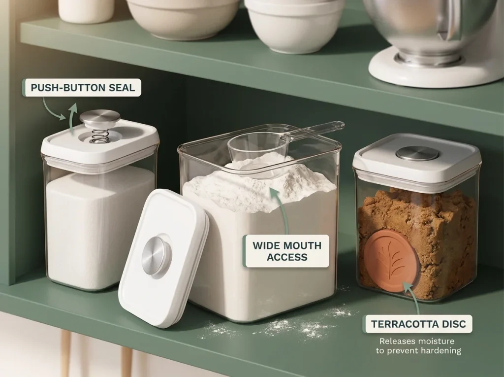 Infographic showing OXO POP containers storing baking staples like flour and sugar with push-button lids