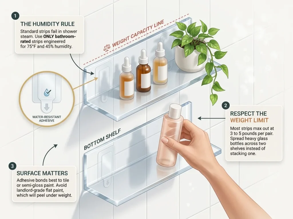 Infographic showing no-drill adhesive floating wall shelves loaded with skincare products and humidity-rated adhesive guidelines