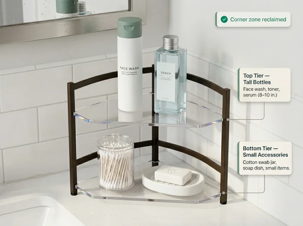 Storage solution close-up of a 2-tier freestanding corner shelf on a white quartz bathroom vanity with tall bottles on top and small accessories below