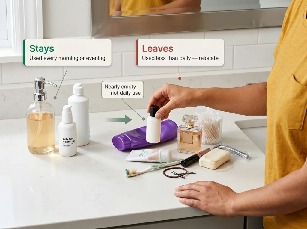 Editorial hand shot showing bathroom counter audit in p