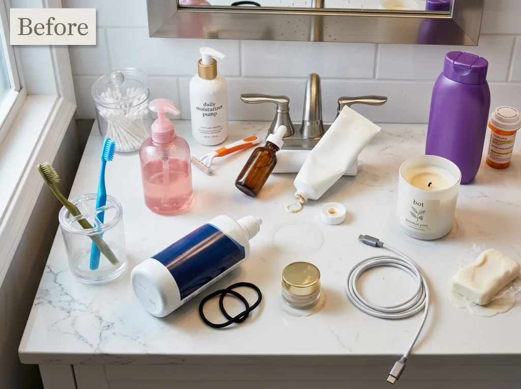 Before photo showing a cluttered bathroom counter with 12–15 items crammed on a single-sink vanity, illustrating the counter drift problem