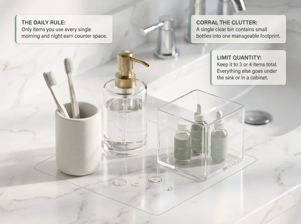 Infographic showing a minimalist bathroom counter with only three daily items organized in a clear stackable bin