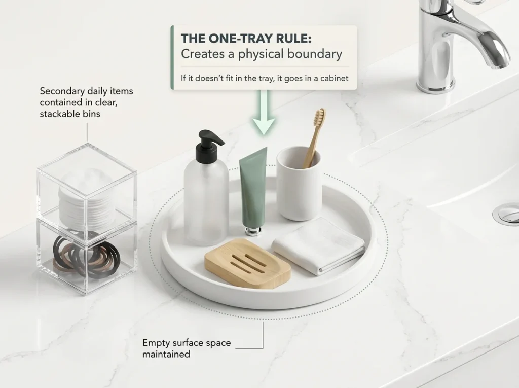 Infographic showing a bathroom counter organized using the one-tray rule for daily essentials and clear bins for secondary items