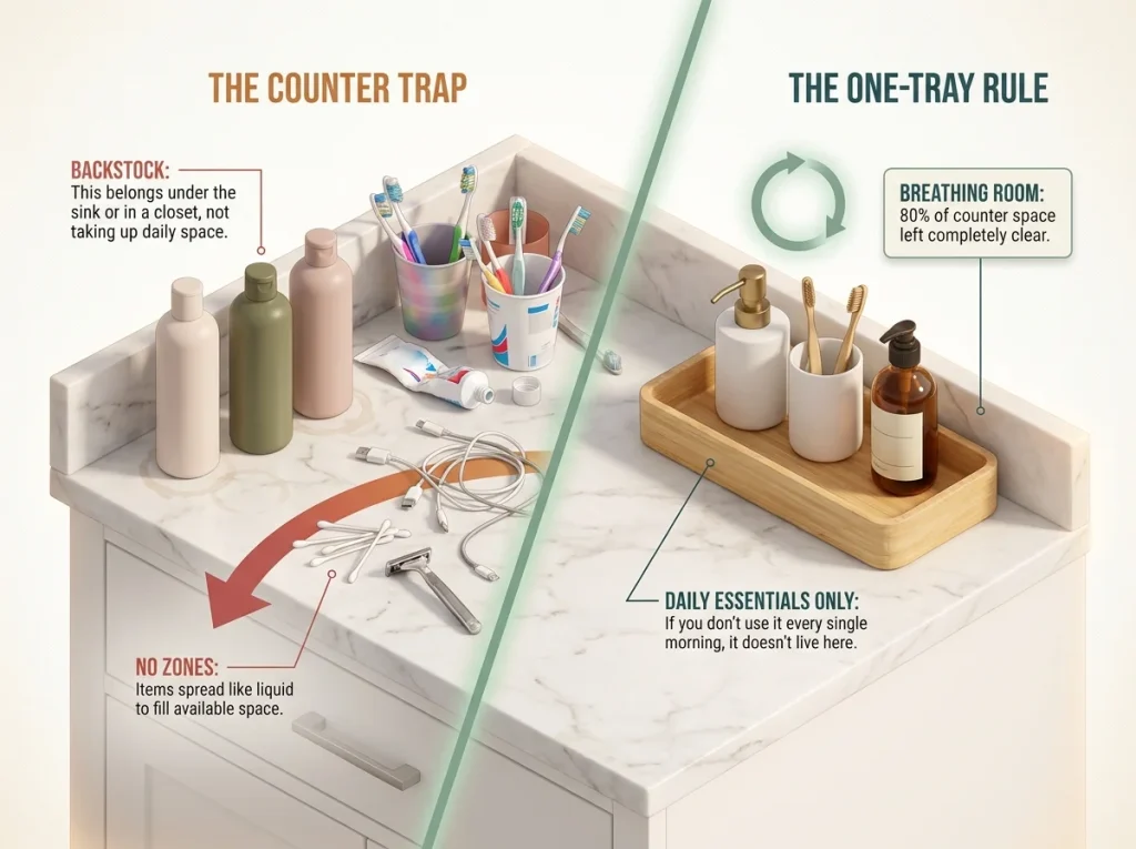 Infographic showing a cluttered bathroom counter versus an organized single-tray system with daily and backstock labels
