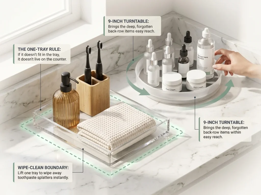 Infographic showing an organized bathroom counter with labeled acrylic tray containment zone and corner turntable