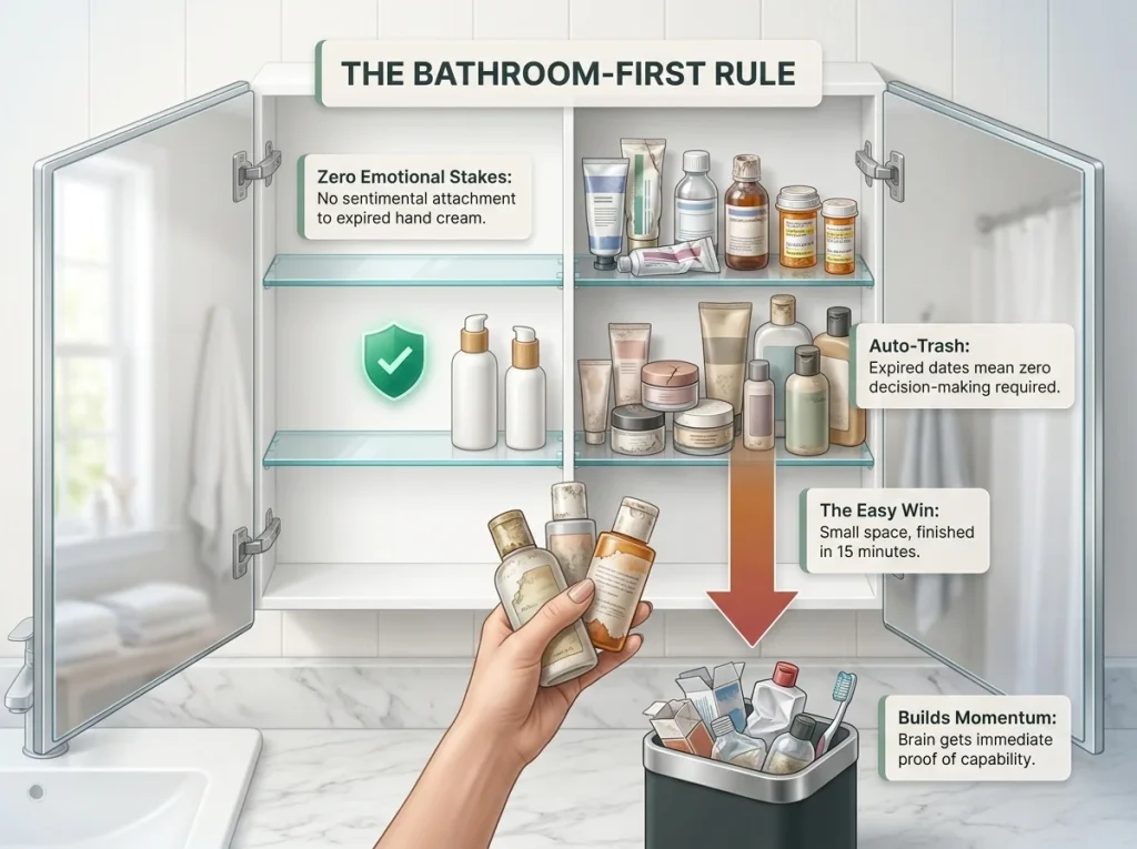 Infographic showing the bathroom-first decluttering method with labeled expired products and low-decision zones