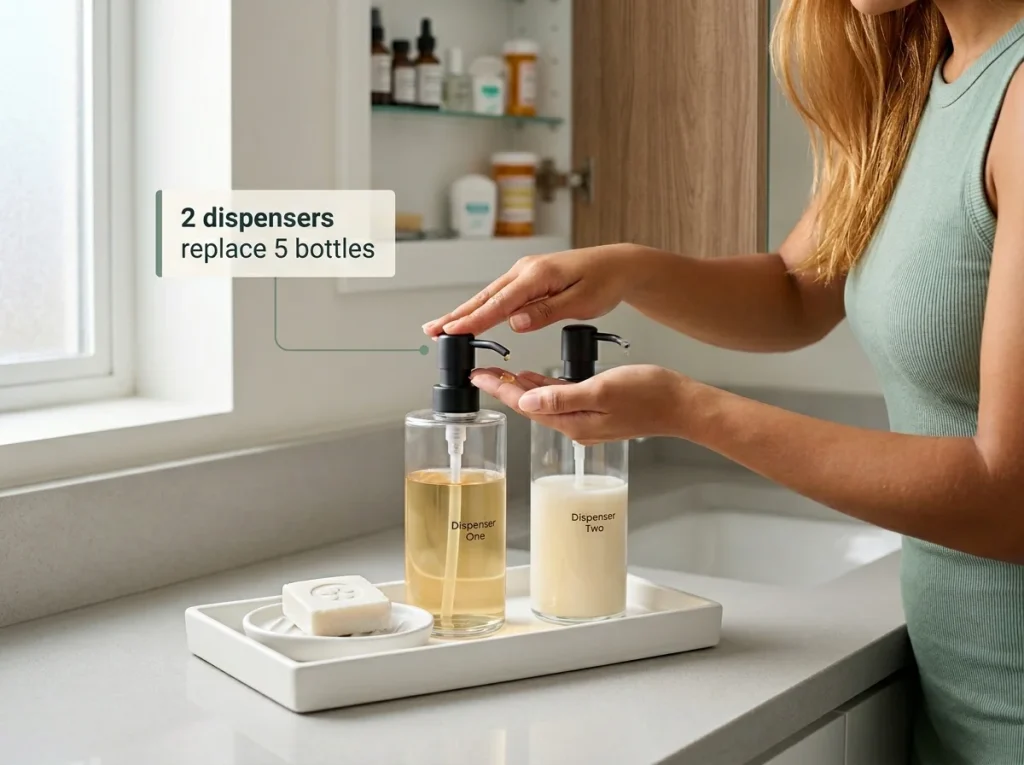 After shot showing two matching glass soap dispensers and a ceramic soap dish in a white tray on a gray quartz vanity, with a woman pressing a pump during her morning routine