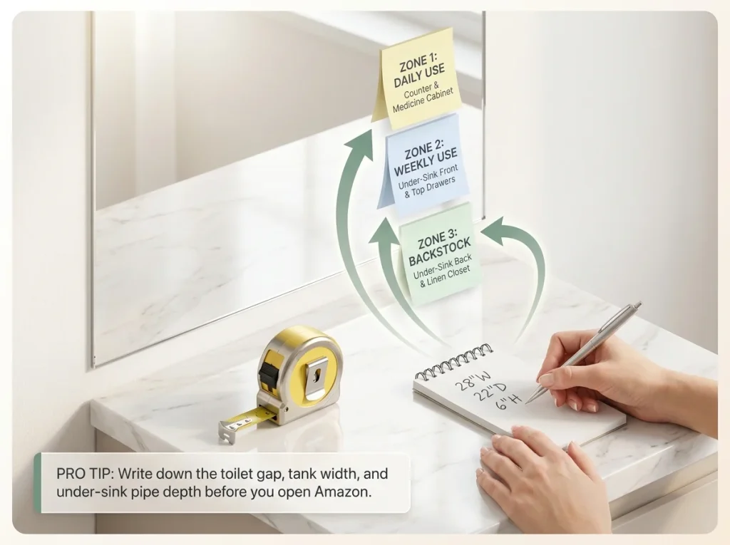Infographic showing how to measure a bathroom vanity with labeled sticky notes for storage zones and a tape measure