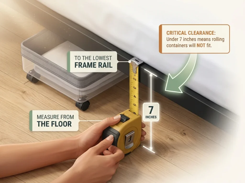 Infographic showing how to measure bed clearance with tape measure, frame rail highlight, and 7-inch minimum marker.