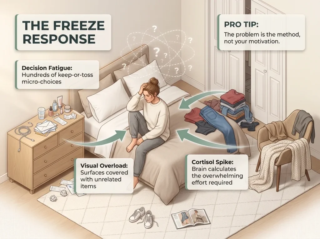 Infographic showing the decluttering freeze response with labeled emotional triggers and decision fatigue points