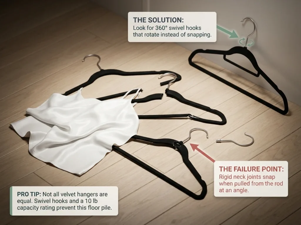5 Slim Hangers Tested — One Freed 11 Inches of Rod 5 Infographic showing velvet hanger failure points with snapped neck joints and the 360-degree swivel hook solution
