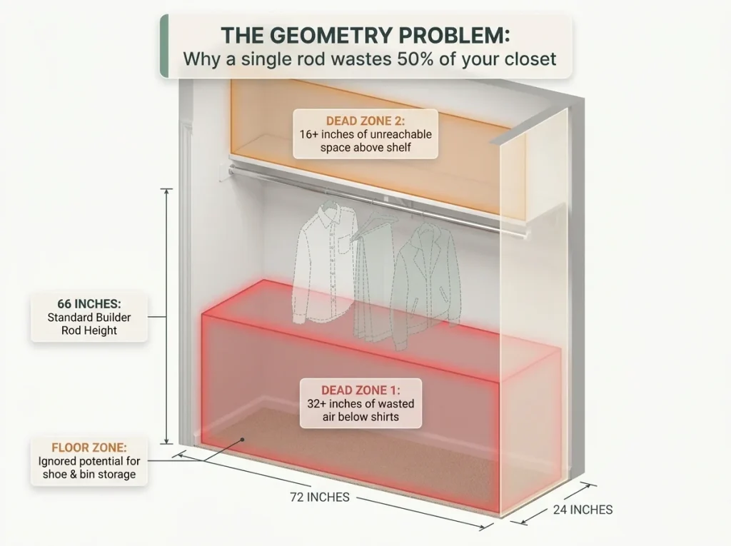 Infographic showing an empty builder closet with labeled dead space zones, rod height measurements, and wasted areas