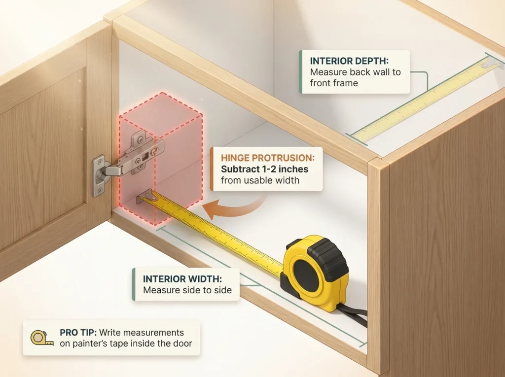 Infographic showing how to measure cabinet interior depth and width with hinge interference highlighted