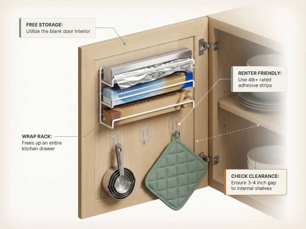 Infographic showing interior cabinet door storage with a mounted wrap organizer and command hooks