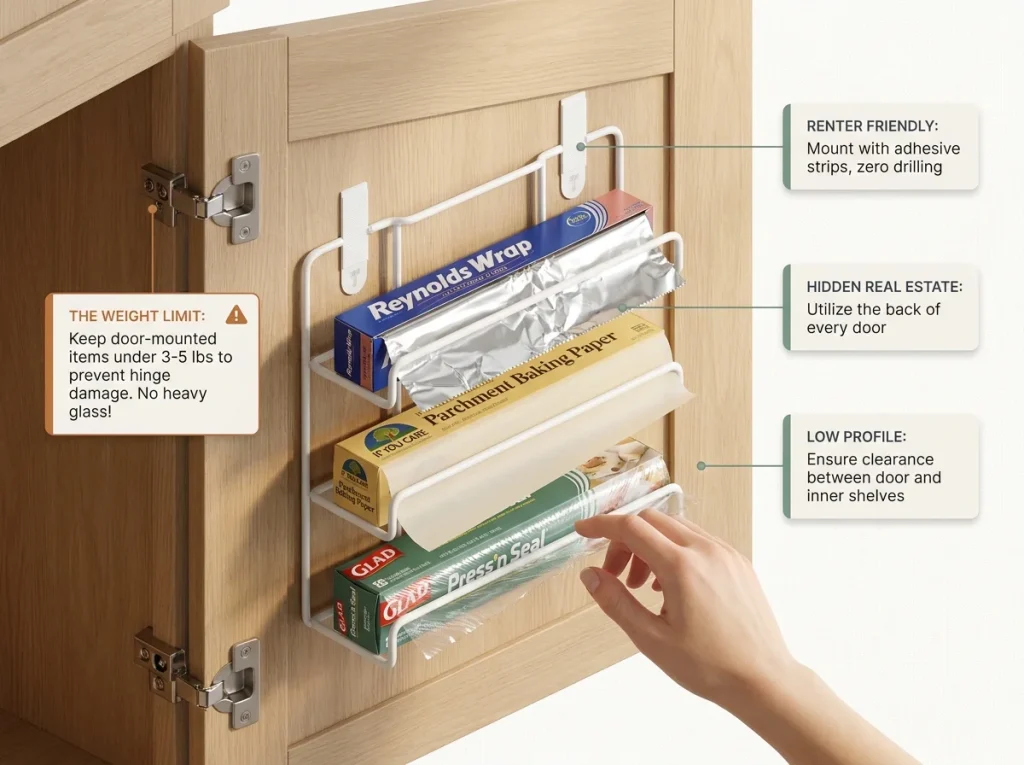Infographic showing a cabinet door mounted wrap organizer holding foil and plastic wrap using Command strips