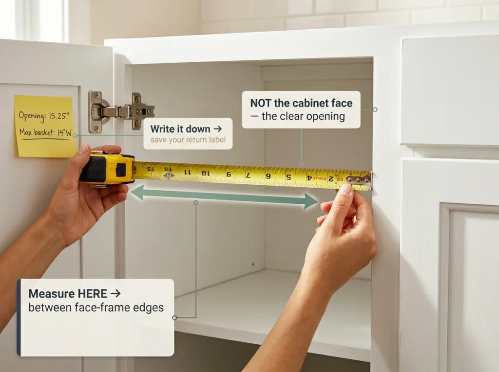 Hands measuring kitchen cabinet opening width with tape measure, sticky note showing 15.25-inch opening and 14-inch max basket