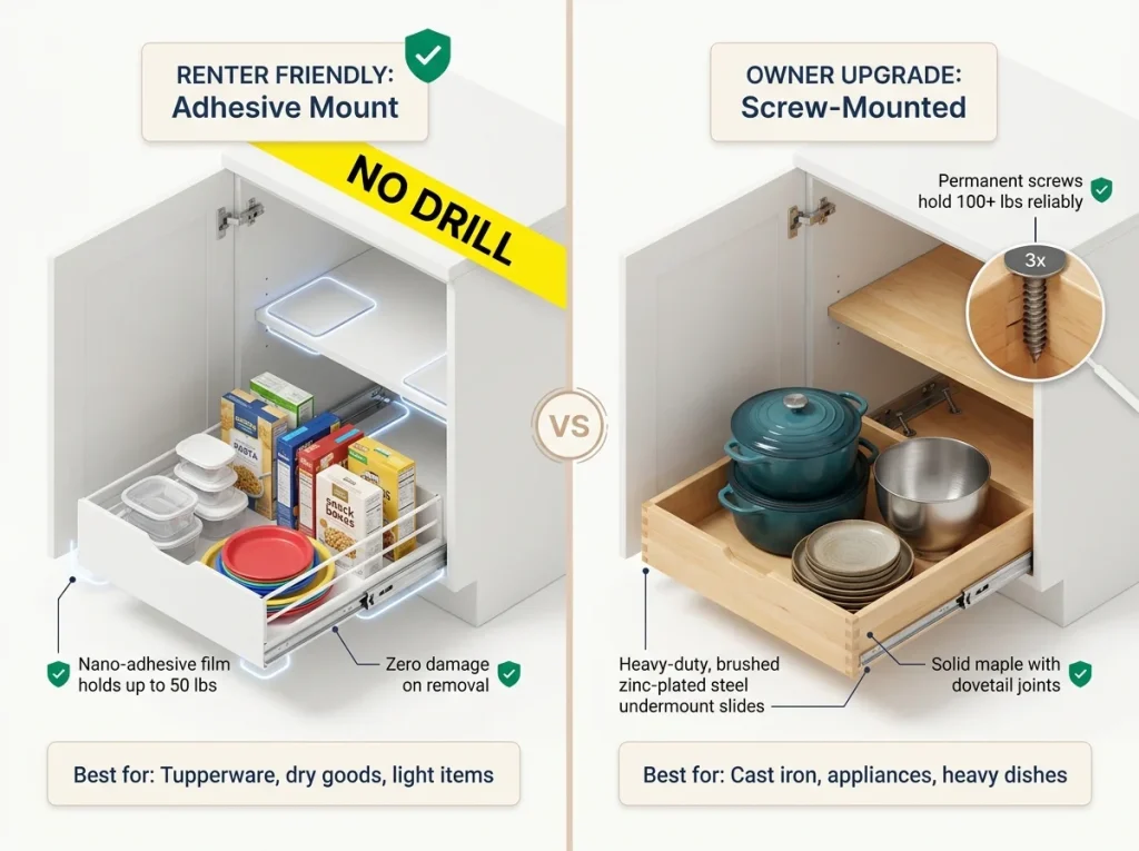 Infographic comparing renter-friendly adhesive cabinet pull-outs versus owner-friendly screw-mounted wooden shelves