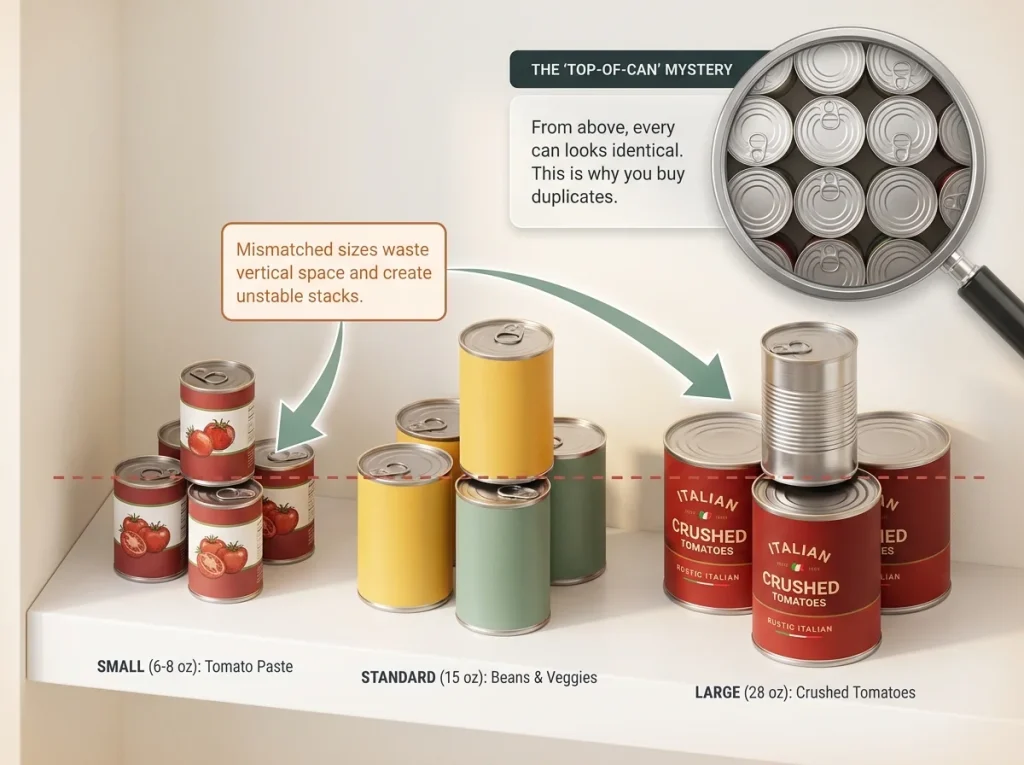 Infographic comparing three common pantry can sizes showing stacking issues and an overhead view of identical lids