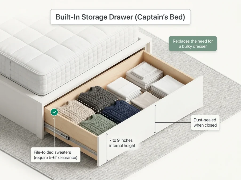 Infographic showing an open storage drawer built into a captain's bed, with file-folded sweaters and sheets