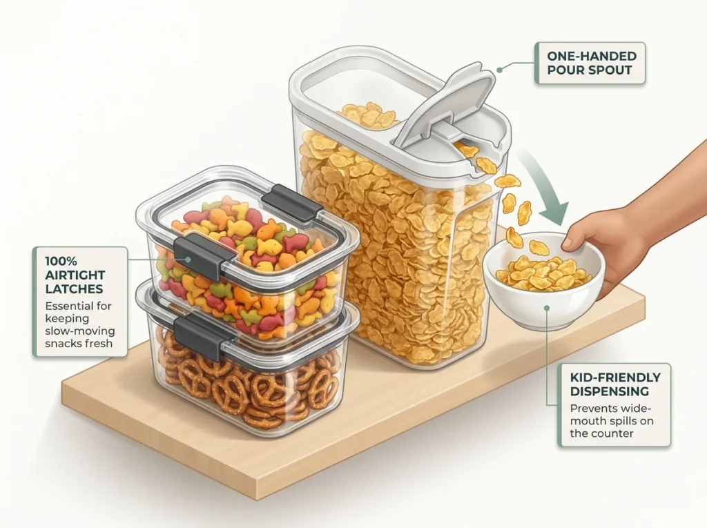 Infographic displaying airtight containers for cereal and snacks featuring dual-latch lids and pour spouts