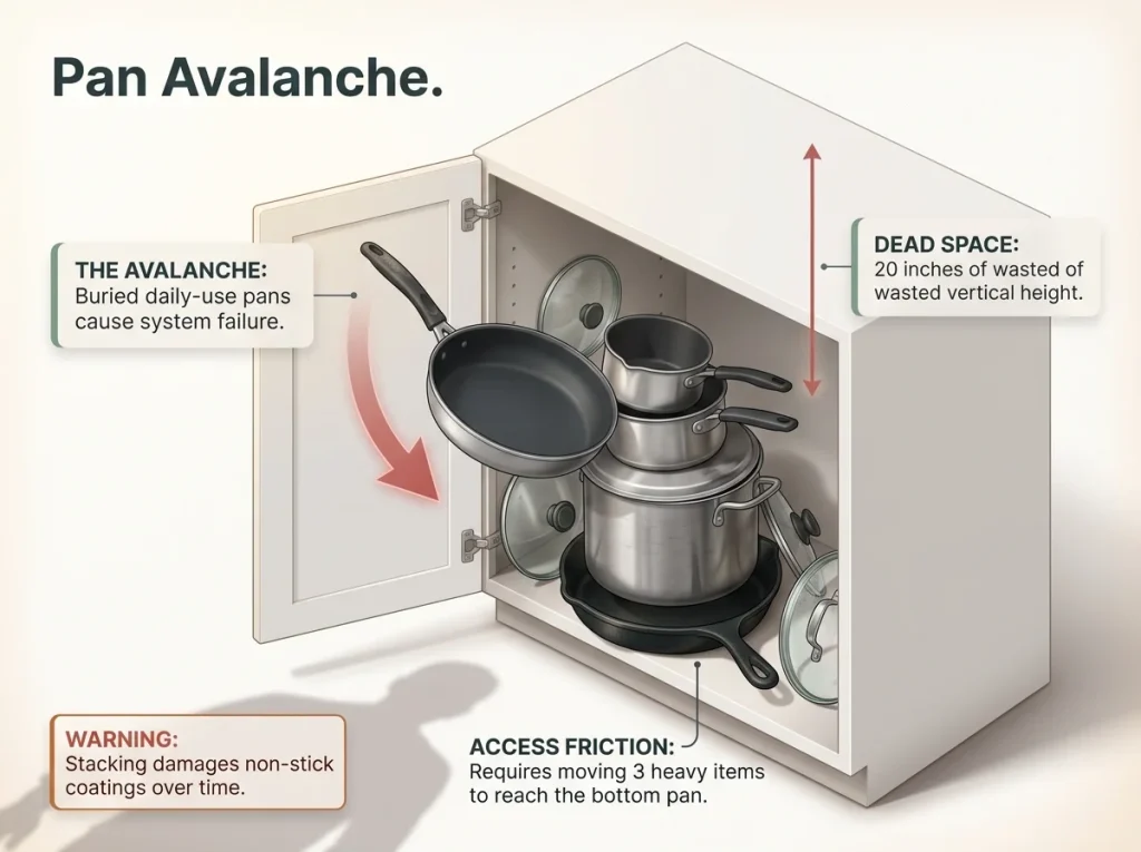 Infographic showing a disorganized kitchen cabinet with a falling pan, highlighting the frustration of stacked cookware