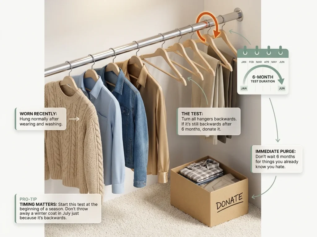 Infographic showing the backwards hanger closet decluttering method with a donate box on the floor