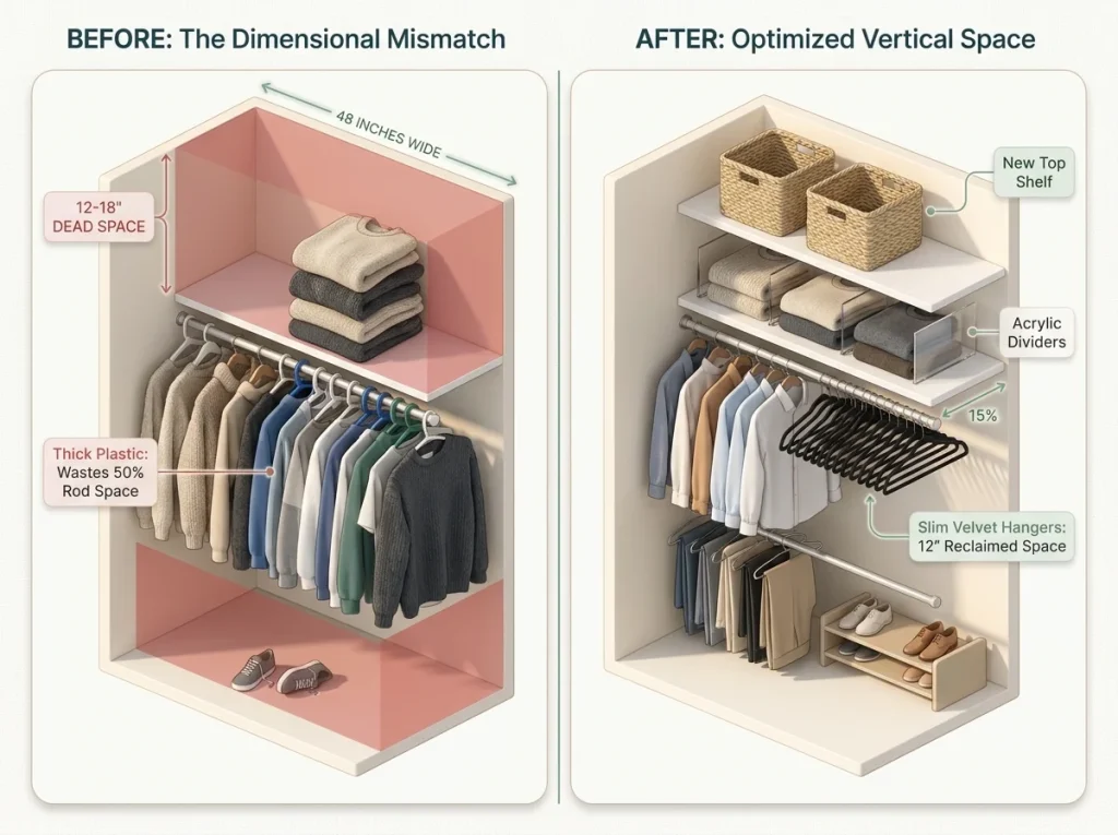 Infographic showing a 48-inch closet before and after organization, comparing standard and slim hangers and highlighting dead space zones