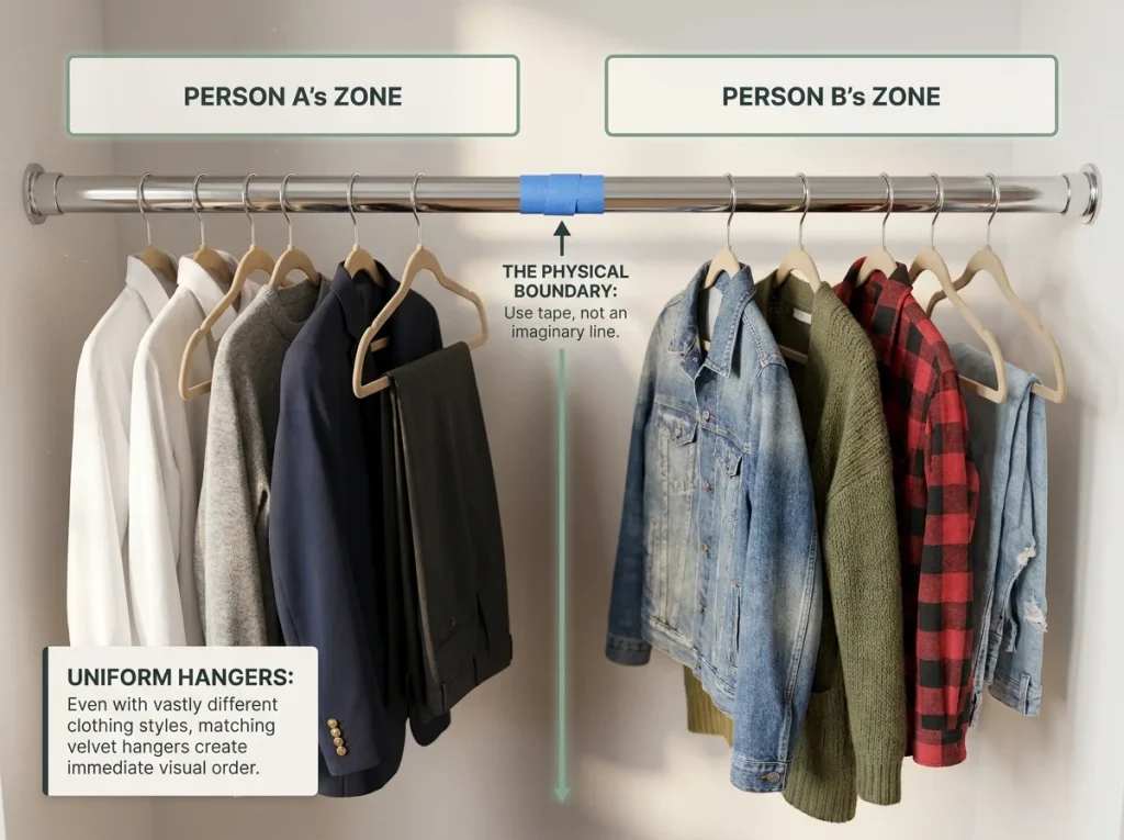 Infographic showing a closet rod divided by a center marker with two distinct clothing styles separated