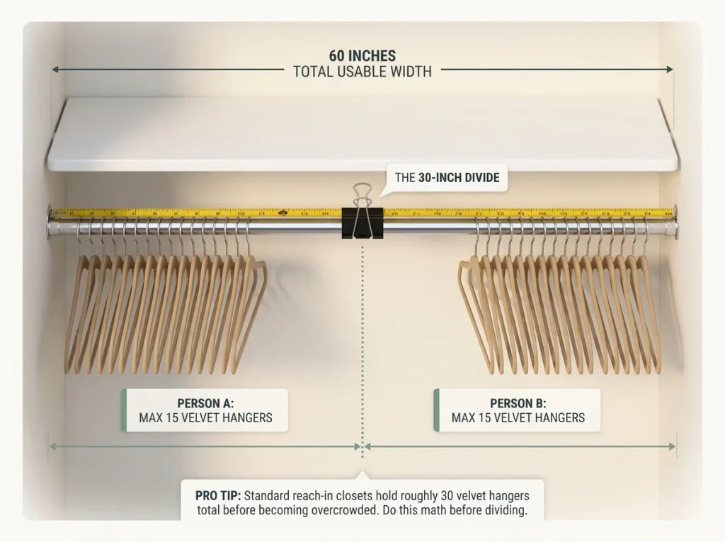 Infographic showing a reach-in closet rod with tape measure and labeled hanger capacity for two people