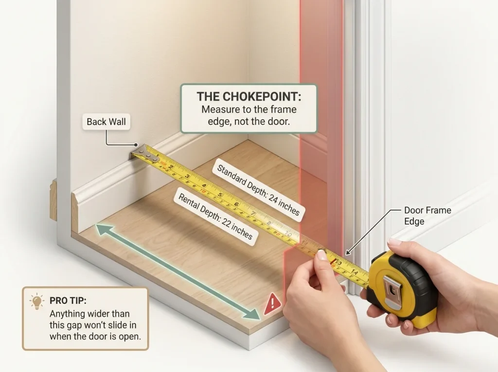 Infographic demonstrating how to correctly measure closet depth from the back wall to the door frame chokepoint