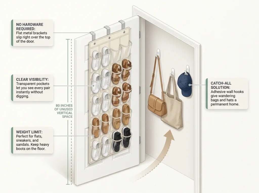 Infographic showing an over-the-door shoe organizer and adhesive hooks maximizing empty closet door space