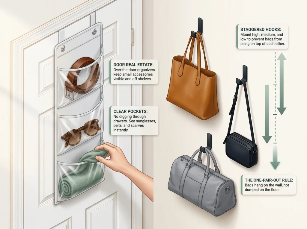 How to Organize a Walk-In Closet by Zones 10 Infographic showing over-the-door clear pocket organizer and staggered wall hooks for closet accessories