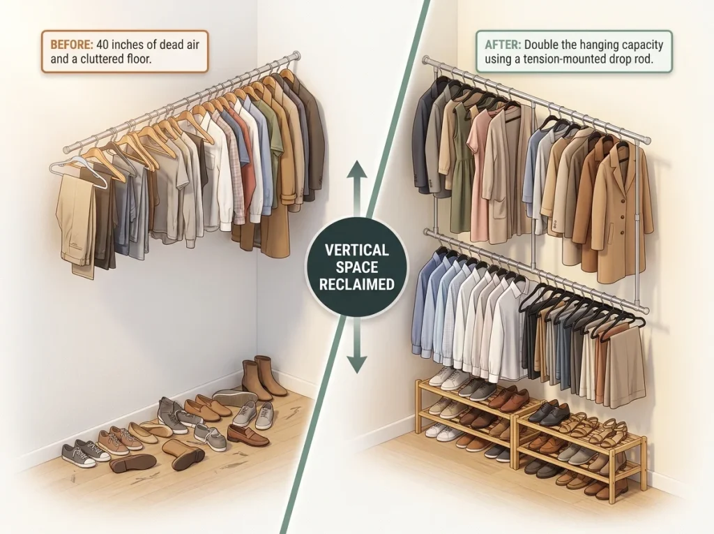 Before and after infographic showing a closet with a single rod vs a double rod setup doubling hanging space