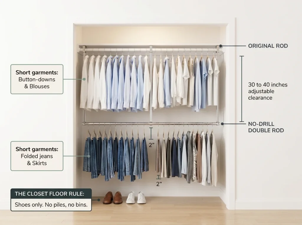 Too Many Clothes? How to Organize a Closet That Stays Neat 7 Infographic showing a closet with a hook-over double rod installed, doubling hanging capacity while keeping the floor clear.